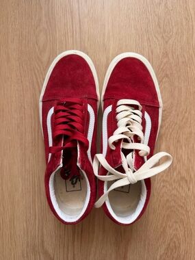 Vans Red Suede Low-Top Sneakers with White Side Stripe
